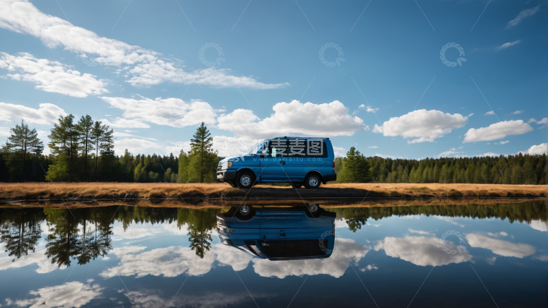 高清大图下载【趣麦麦图】户外森林旁的蓝色汽车