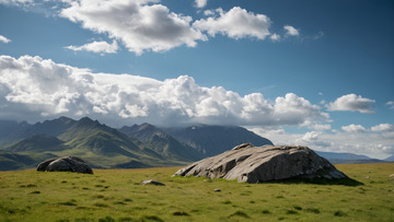 草原上的巨石与远山风景