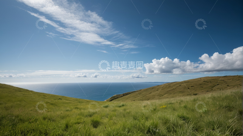 高清大图下载【趣麦麦图】草原与大海的自然景观
