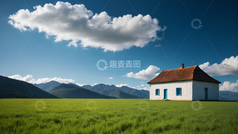 高清大图下载【趣麦麦图】草原上的白色小屋与远山