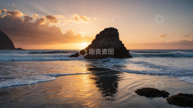 高清大图下载【趣麦麦图】海滩落日与海中礁石景观