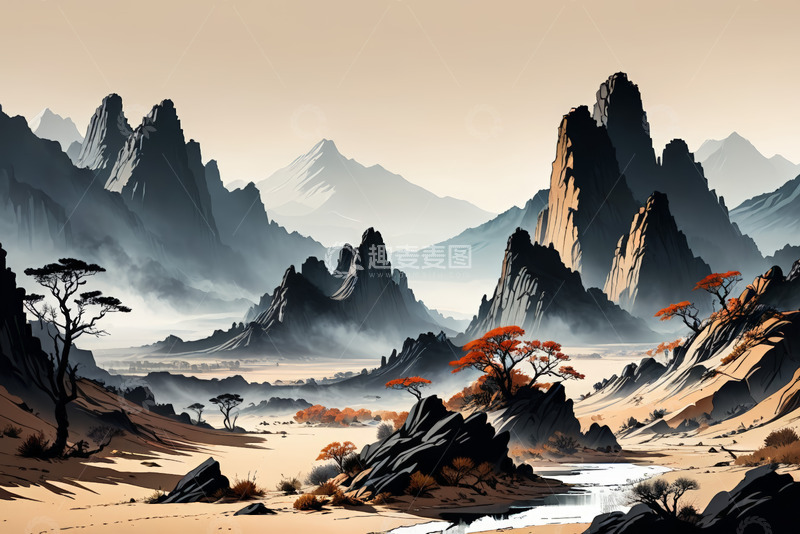 高清大图下载【趣麦麦图】水墨风格山水景观