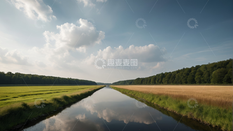 高清大图下载【趣麦麦图】田野间河流与蓝天白云景观