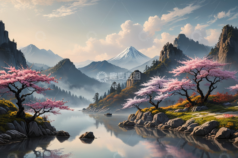 高清大图下载【趣麦麦图】山水间绽放的粉色樱花风景