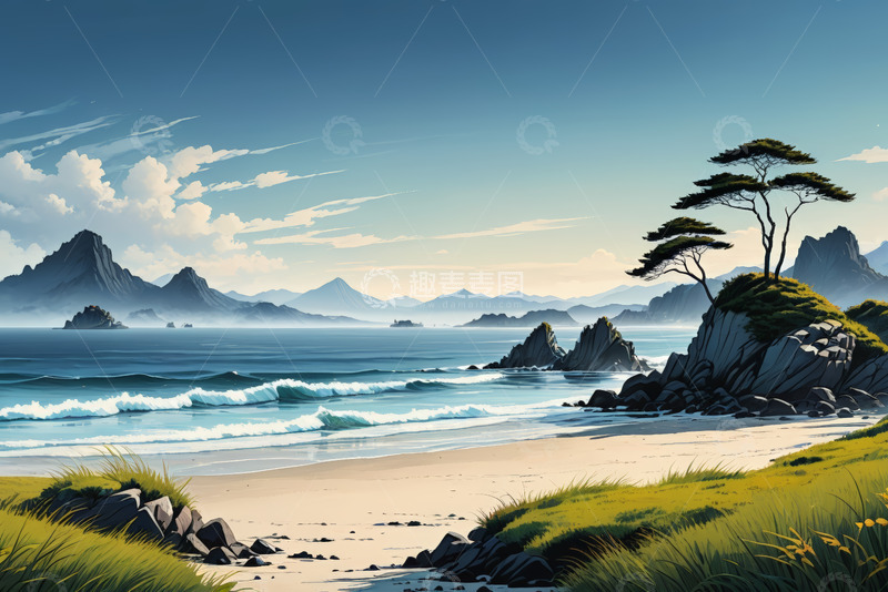 高清大图下载【趣麦麦图】海边沙滩与远山风景