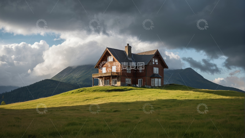 高清大图下载【趣麦麦图】山间草地独栋木屋风景