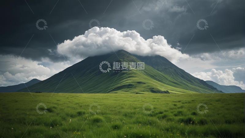 高清大图下载【趣麦麦图】草原上巍峨山峰与云层景观