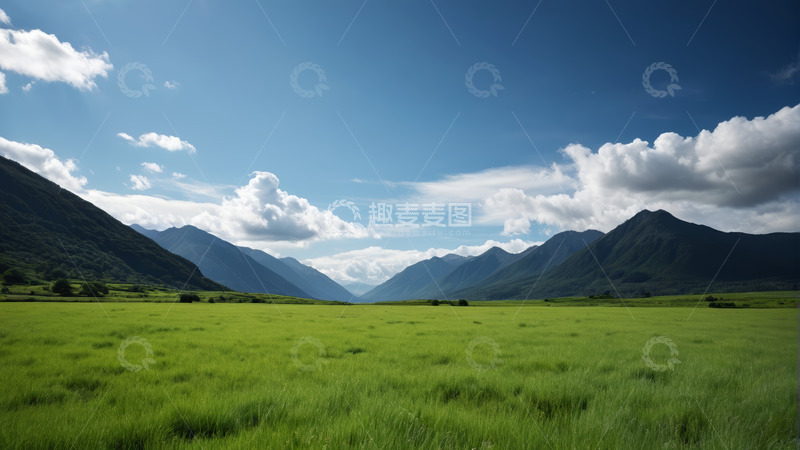 高清大图下载【趣麦麦图】广阔草原与连绵山脉景观