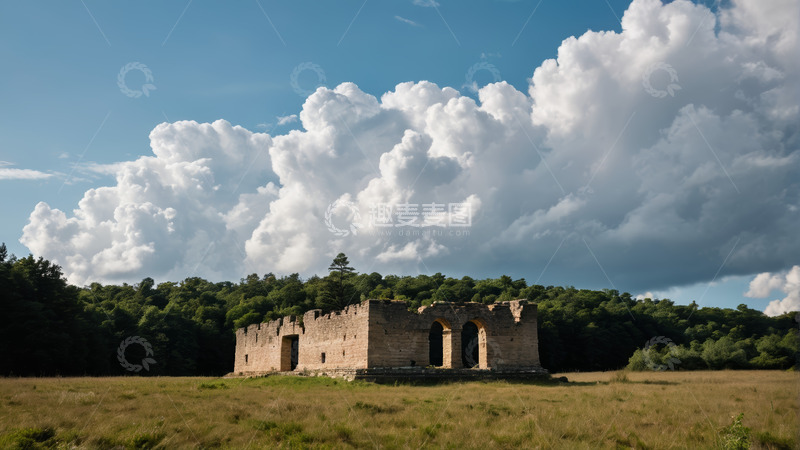 高清大图下载【趣麦麦图】田野中古建筑废墟与蓝天白云