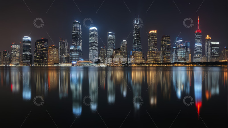 高清大图下载【趣麦麦图】夜晚城市高楼临水夜景