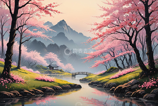 古风樱花山水风景