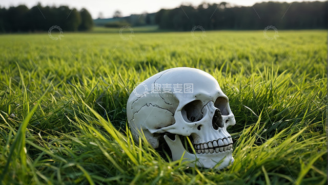 草地上的人类头骨模型