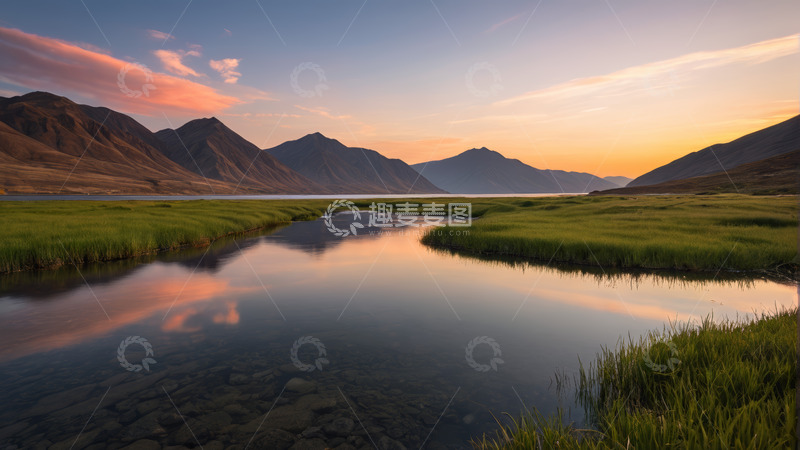高清大图下载【趣麦麦图】山间河流与夕阳天空自然风光