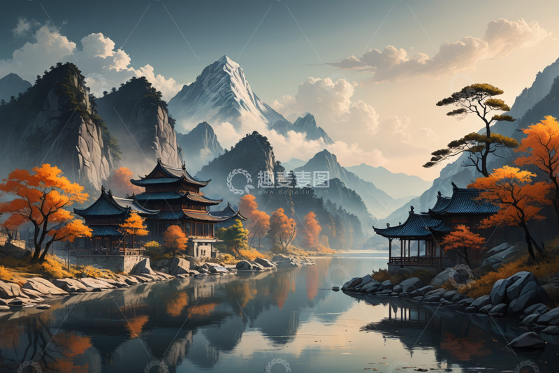 高清大图下载【趣麦麦图】中式山水古建筑风景