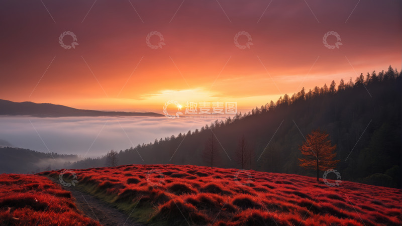 高清大图下载【趣麦麦图】日出时分山间红草地与云海景观