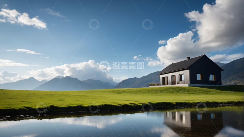 高清大图下载【趣麦麦图】山间草地旁的现代房屋风景
