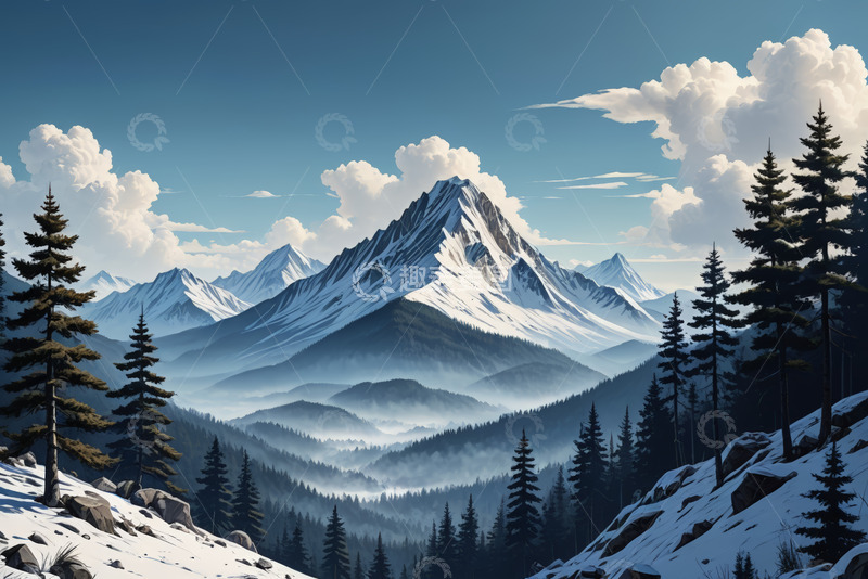 高清大图下载【趣麦麦图】雪山森林自然风光全景