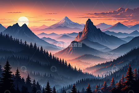 夕阳下的山林山脉风景