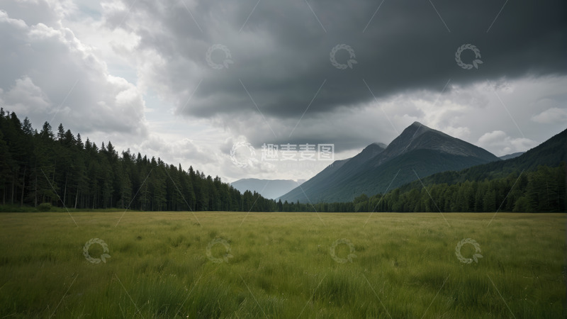 高清大图下载【趣麦麦图】山林间广阔草地与阴沉天空景象