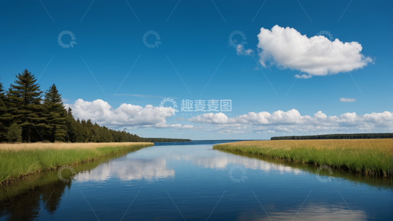 高清大图下载【趣麦麦图】蓝天白云下的森林湖畔风光