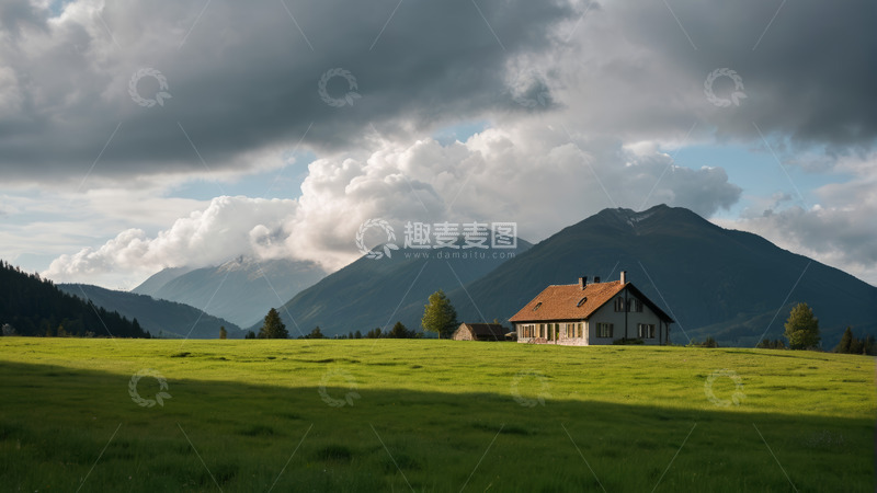 高清大图下载【趣麦麦图】山间草原上的独栋房屋