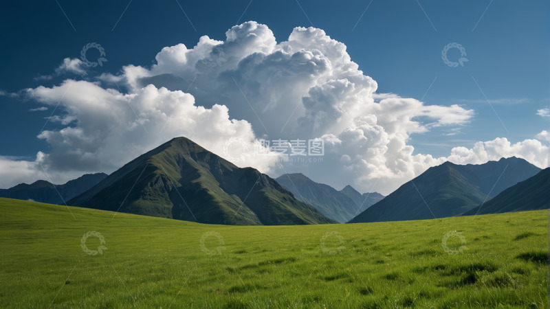 高清大图下载【趣麦麦图】草原上的山脉与白云景观