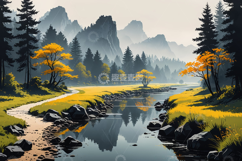 高清大图下载【趣麦麦图】山林间的河流与树木景观