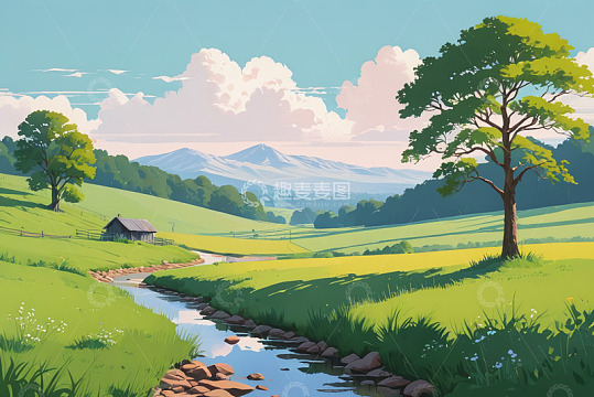 田园风光小溪与远处山峦景色