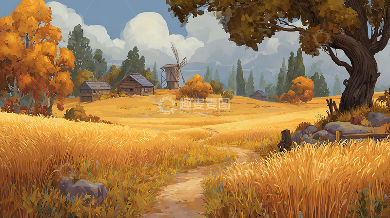 高清大图下载【趣麦麦图】金色麦田与老树