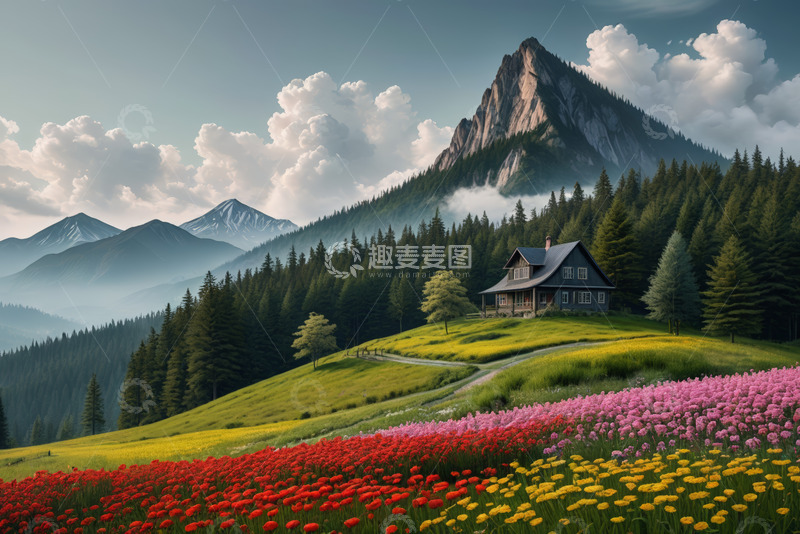 高清大图下载【趣麦麦图】山间木屋旁的花海与森林景观