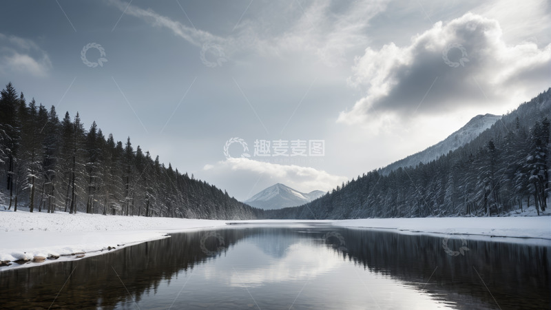 高清大图下载【趣麦麦图】冬日雪覆山林湖泊全景