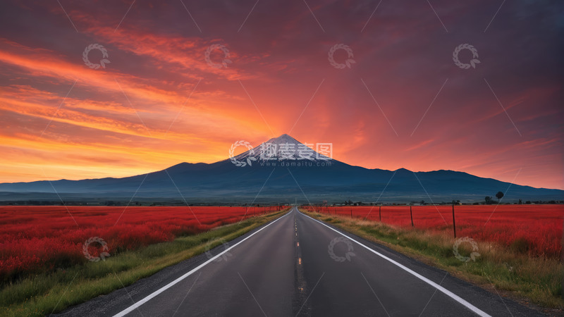 高清大图下载【趣麦麦图】公路尽头的富士山与绚烂晚霞
