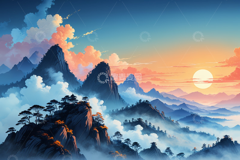 高清大图下载【趣麦麦图】夕阳下的壮丽山景