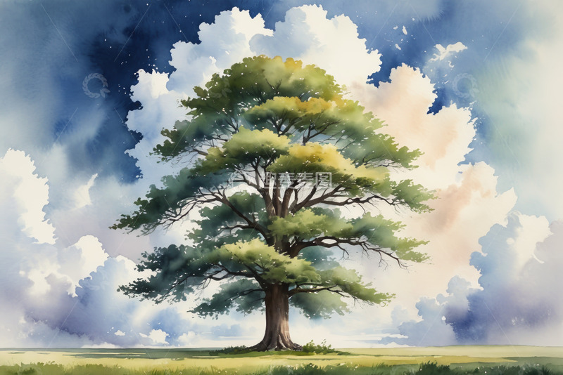 高清大图下载【趣麦麦图】田野中大树与蓝天白云风景