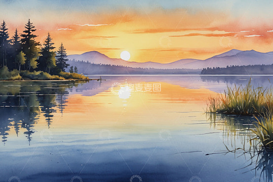 湖畔日落自然风光