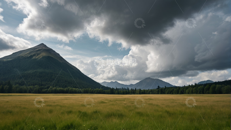 高清大图下载【趣麦麦图】草原山林与多云天空风景