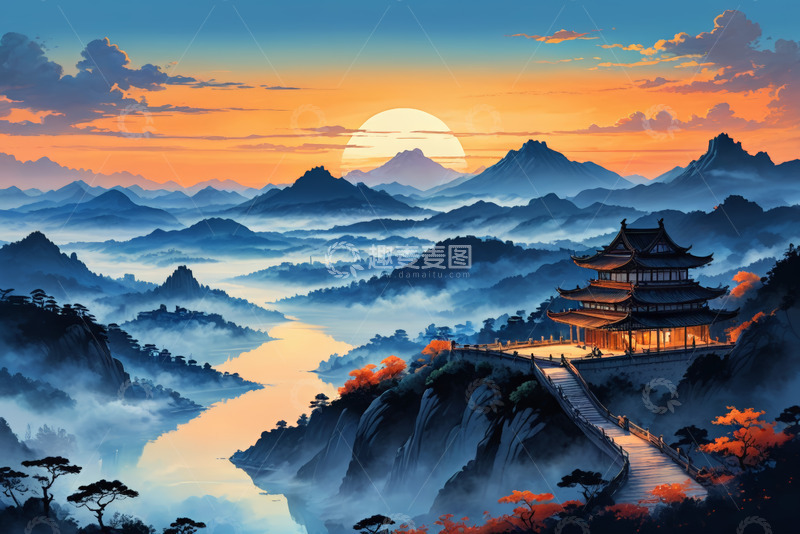 高清大图下载【趣麦麦图】古风山水楼阁日落美景