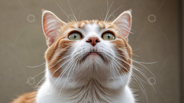 仰望的橙白相间猫咪特写