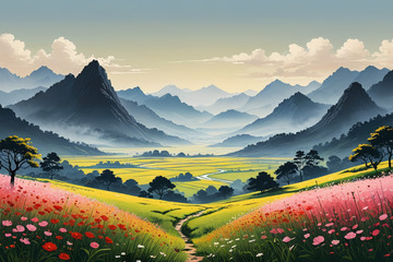 山间田野花卉自然风光