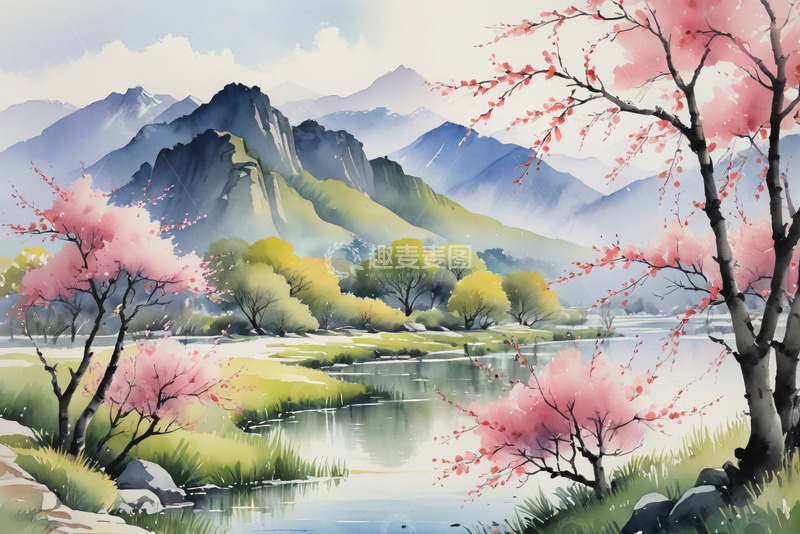 高清大图下载【趣麦麦图】山水间绽放的粉色繁花景观