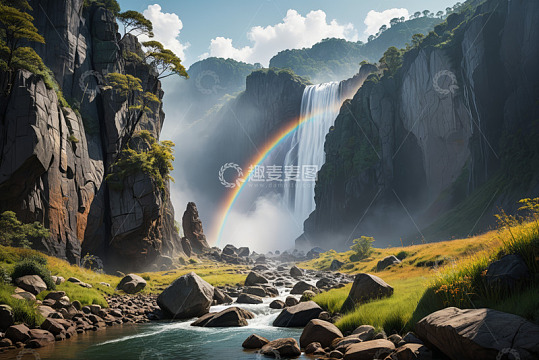 山间瀑布与彩虹自然景观