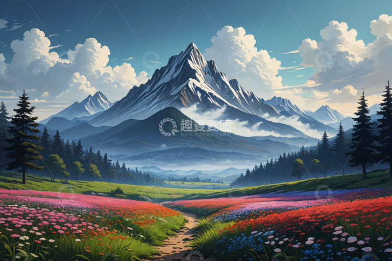 高清大图下载【趣麦麦图】山间花海与森林风景