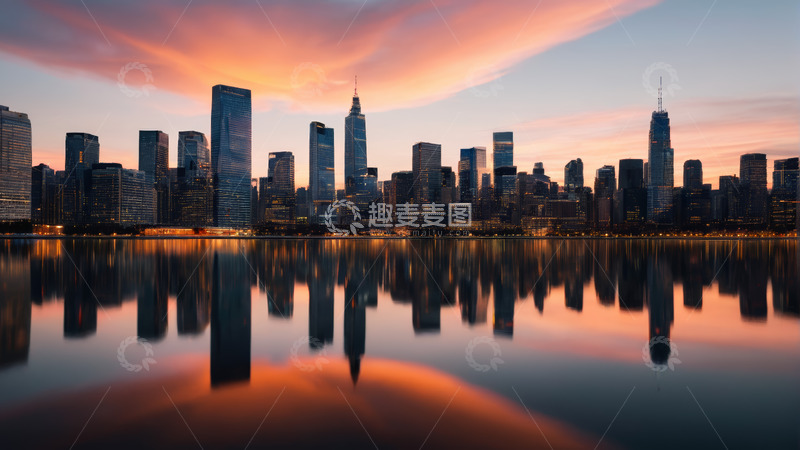 高清大图下载【趣麦麦图】城市天际线黄昏倒影景观