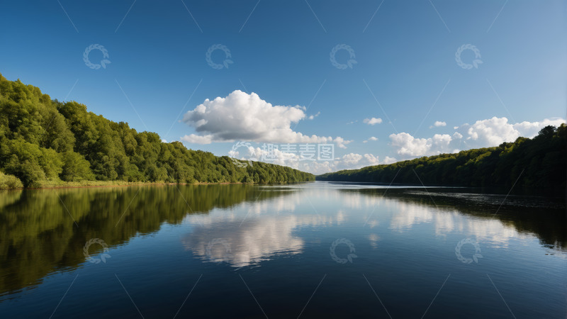 高清大图下载【趣麦麦图】宁静湖面与岸边森林自然景观