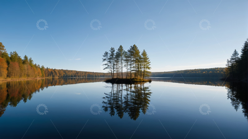 高清大图下载【趣麦麦图】宁静湖泊与湖心树木倒影景观