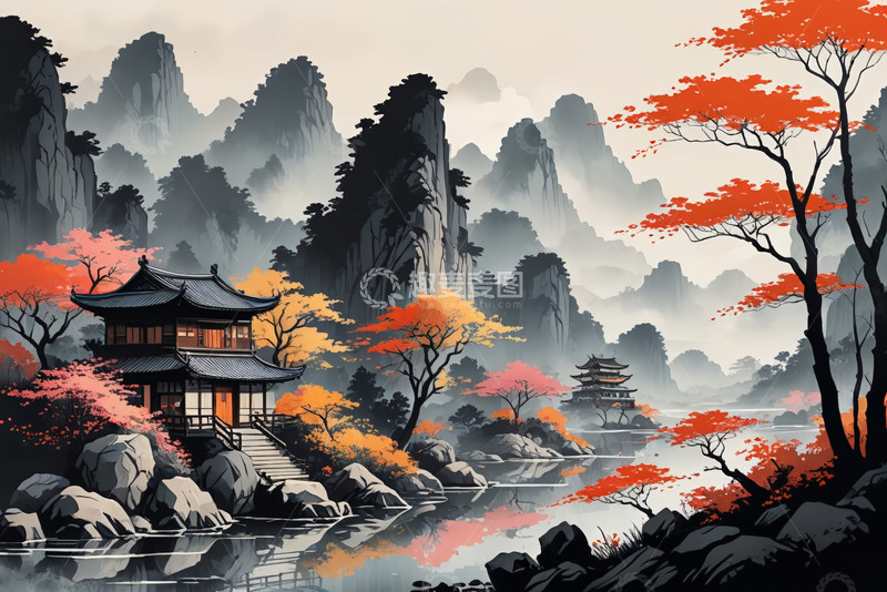 高清大图下载【趣麦麦图】中式山水楼阁秋景