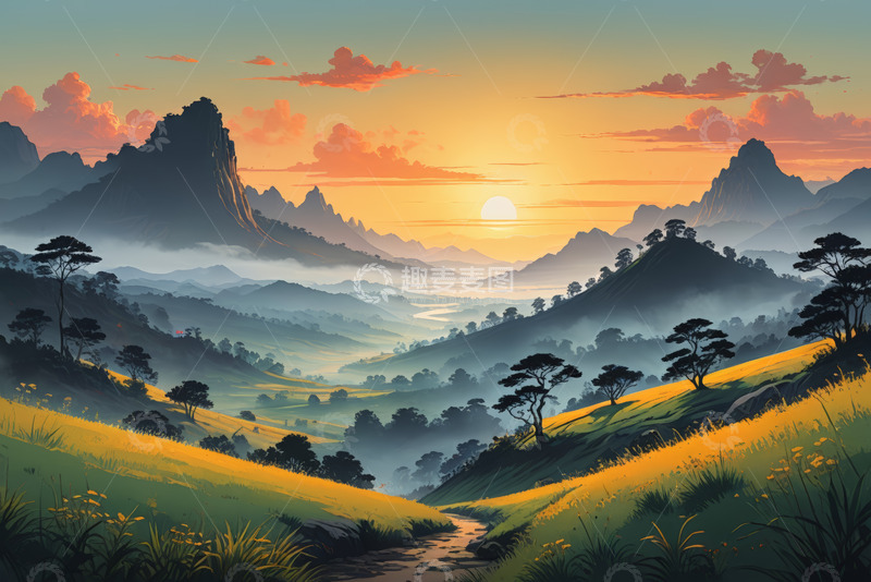 高清大图下载【趣麦麦图】山间日出自然风光