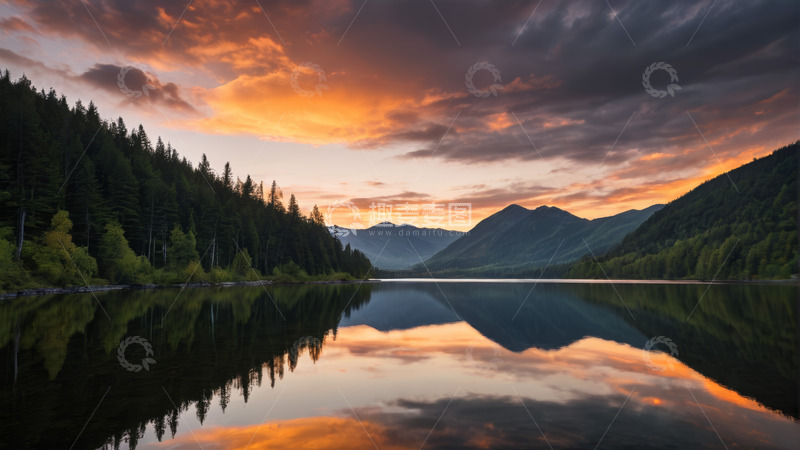 高清大图下载【趣麦麦图】湖畔森林日落自然风光
