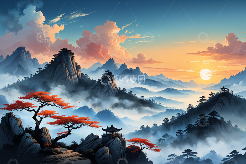 高清大图下载【趣麦麦图】夕阳下的中式山水风景