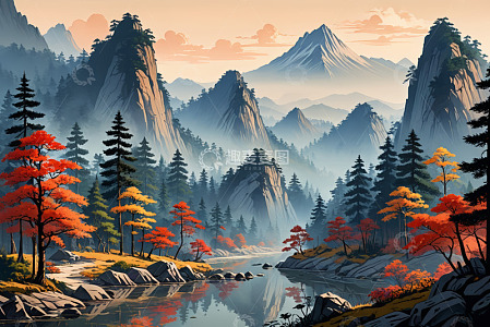 秋日山林山水全景